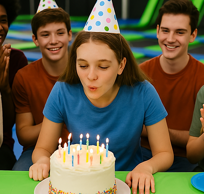 Kids and teens celebrating a birthday party with jumping, games, and food in the InflataPark